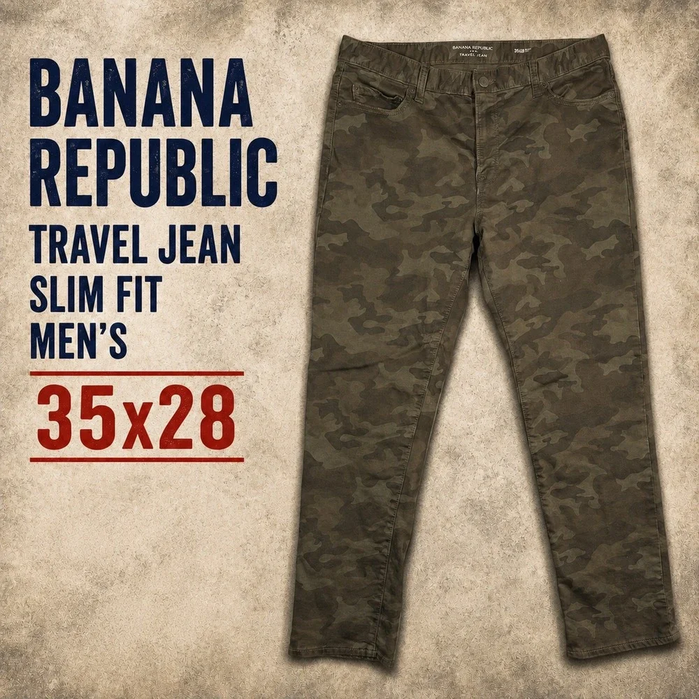 Banana Republic Travel Jean Mens 35x28 Slim Fit Camo Green Brown Pants Hemmed
